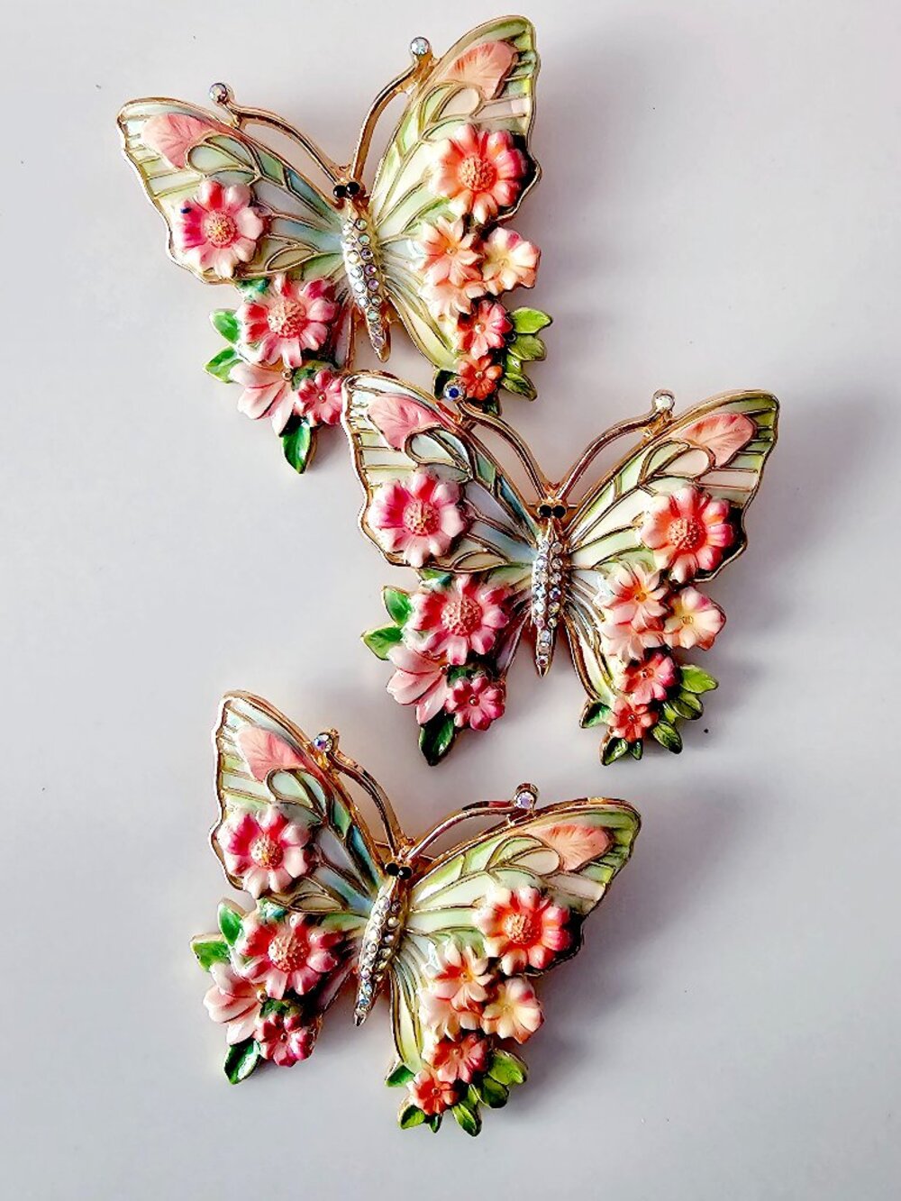 Vintage Style Pink Floral Enamel Butterfly Brooch